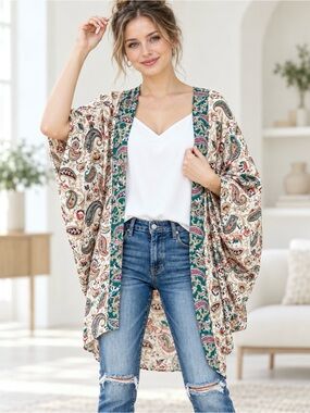 Anthropologie Entro Boho Kimono Georgette Paisley & Floral Print Open-Front